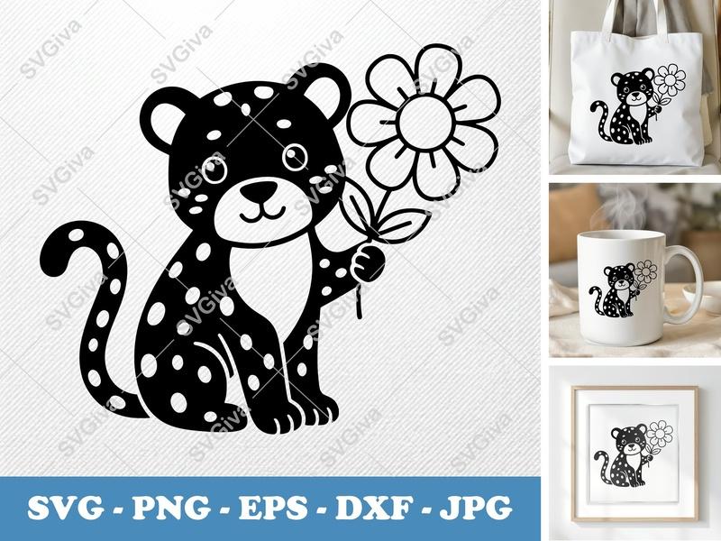 Leopard with Flower SVG | Puffy Soft Kawaii Design | PNG DXF EPS | Cricut Silhouette File