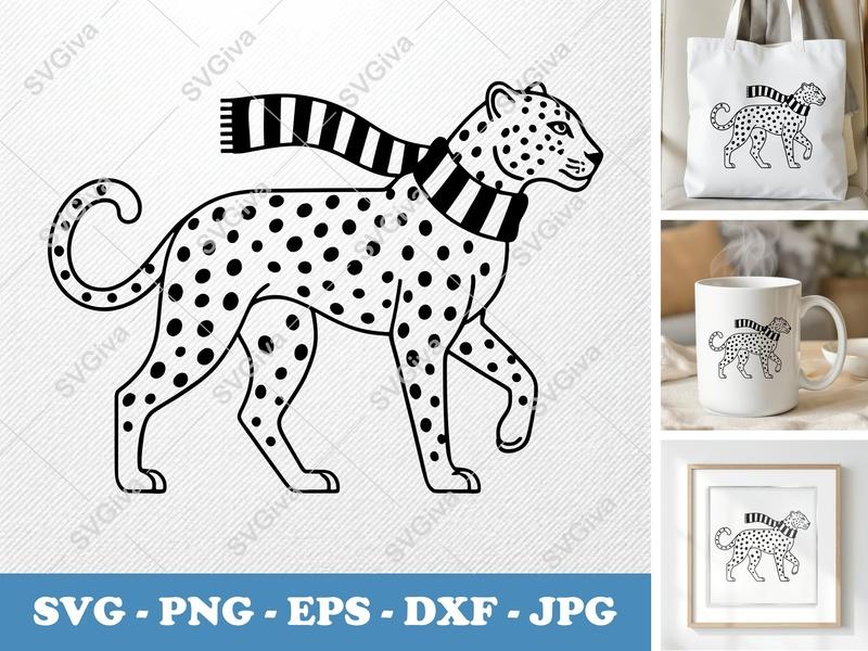 Leopard with Scarf SVG | Minimalist Animal Cut File | Bold Contour Design | PNG DXF EPS | Cricut Silhouette Ready