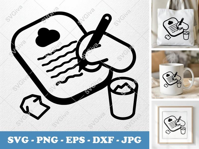 Letterhead in active use SVG | Writing Icon with Hand & Pen, Bean Shaped Forms, Paper Cup, Crumpled Paper | PNG EPS DXF for Cricut...