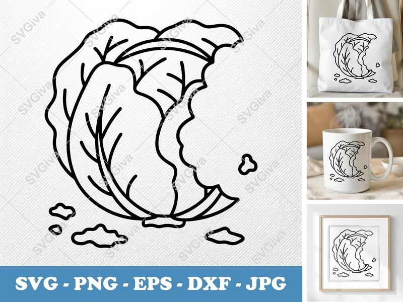 Lettuce Partially Eaten SVG | Bold Minimalist Vector | Clean White Fill | PNG DXF EPS | Cricut Silhouette File