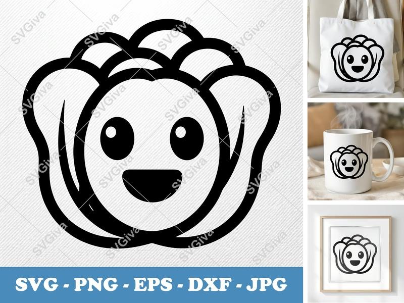 Lettuce SVG | Kawaii Happy Face Lettuce Clipart | PNG EPS DXF | Cricut Silhouette Cut File | Cute Vegetable Food Icon