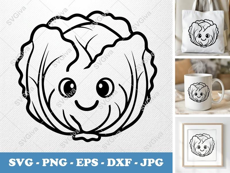 Lettuce SVG | Kawaii Happy Face Vegetable Clipart | PNG EPS DXF for Cricut & Silhouette | Cute Food Cut File Vector