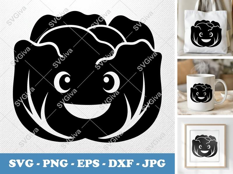 Lettuce SVG | Kawaii Happy Face Vegetable Cut File | PNG EPS DXF for Cricut & Silhouette | Cute Food Clipart Vector