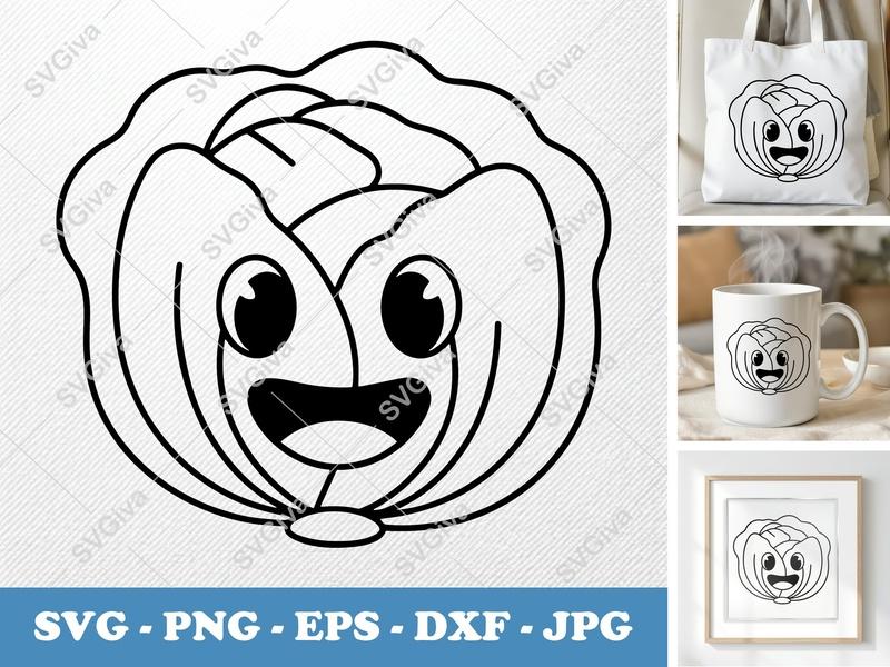 Lettuce SVG | Kawaii Happy Face Vegetable Cut File | PNG EPS DXF for Cricut & Silhouette | Modern Food Clipart