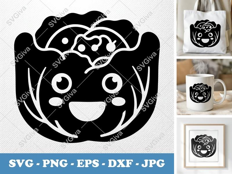 Lettuce SVG | Kawaii Happy Vegetable Cut File | Modern Food Clipart | PNG EPS DXF for Cricut & Silhouette