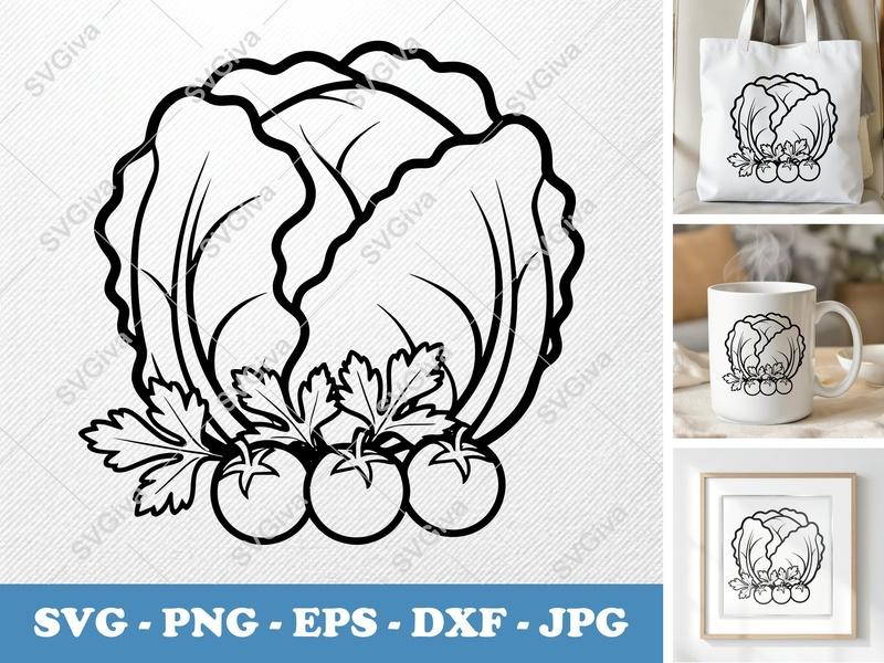 Lettuce SVG | Modern Salad Design with Tomatoes & Parsley | PNG EPS DXF for Cricut & Silhouette | Kitchen Cut File