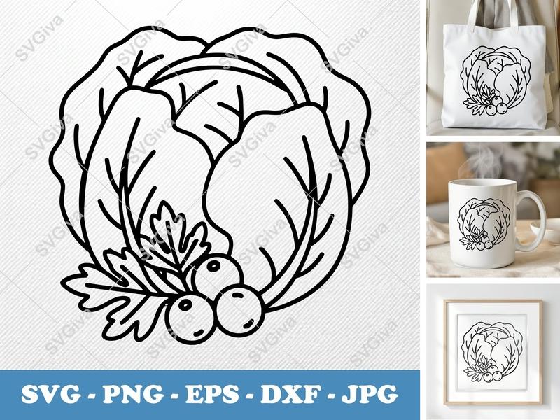 Lettuce with Garnish SVG | Simple Minimalist | Bold Contour Design | PNG DXF EPS | Cricut Silhouette File