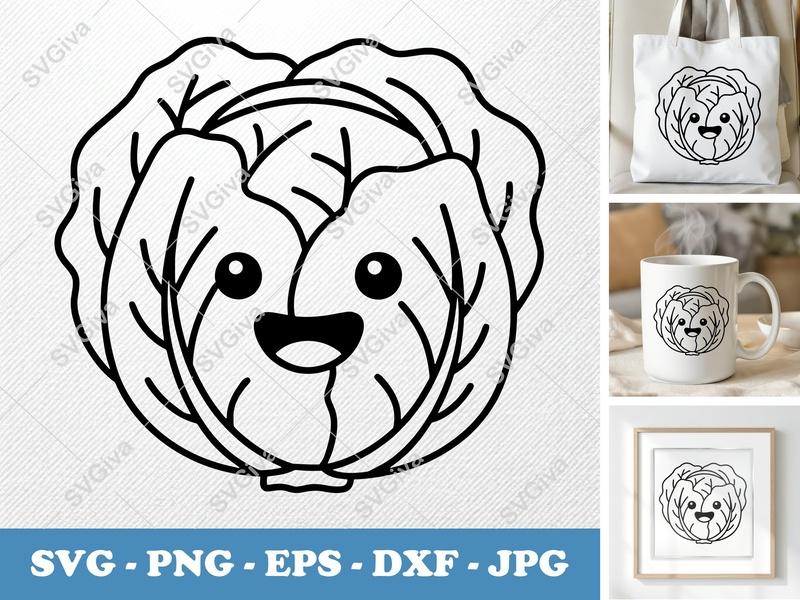 Lettuce with Smiling Face SVG | Bold Contour, Simple Character | PNG DXF EPS | Cricut Silhouette Cut File | Kawaii Food Clipart