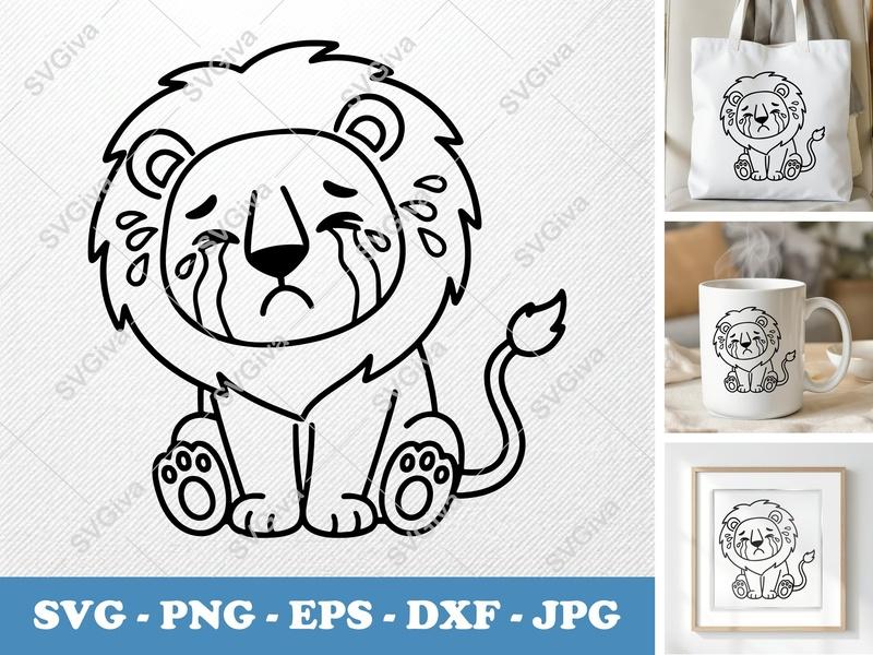 Lion Crying SVG, Friendly Rounded Bean-Shaped Cut File | PNG DXF EPS | Cricut Silhouette | Animal Design
