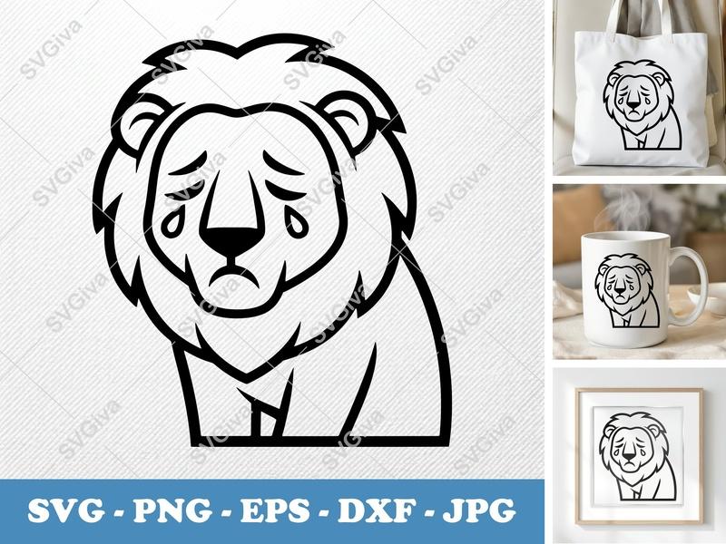 Lion Crying SVG, Sad Lion Face PNG, EPS, DXF Cut File for Cricut, Silhouette, Modern Animal Clipart, Digital Download