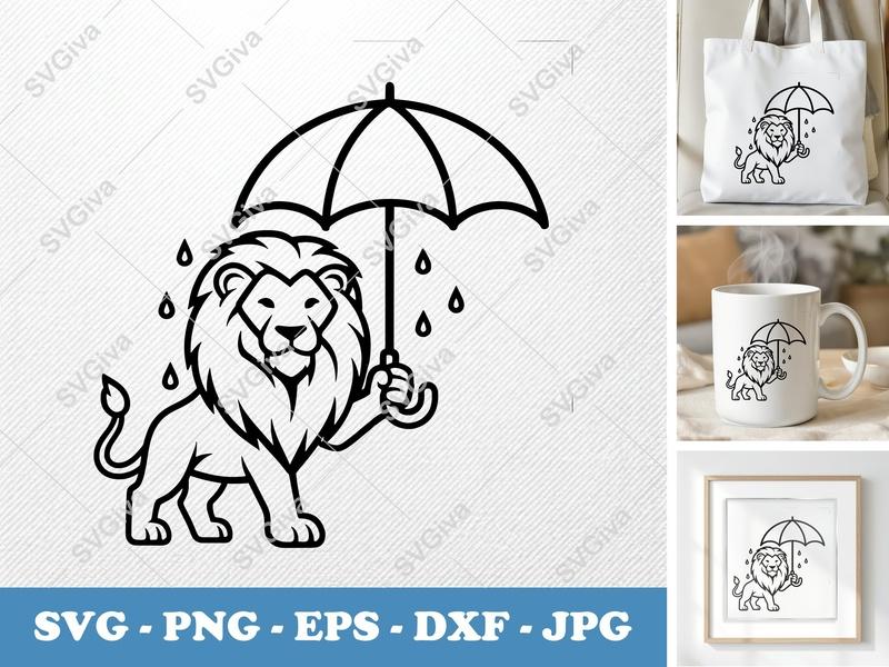 Lion Holding Umbrella SVG PNG DXF EPS | Animal Cut File Cricut Silhouette Rain