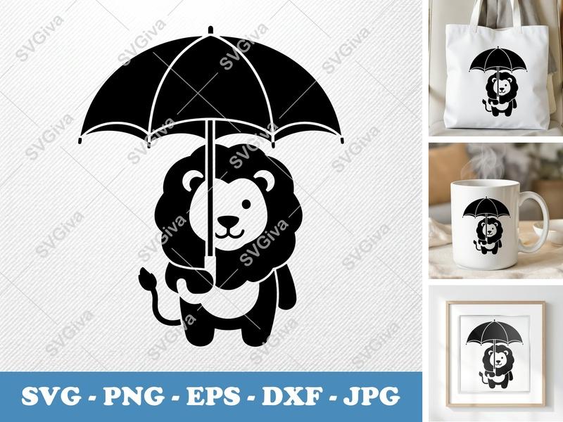 Lion Holding Umbrella SVG PNG DXF EPS | Cute Animal Cut File for Cricut Silhouette