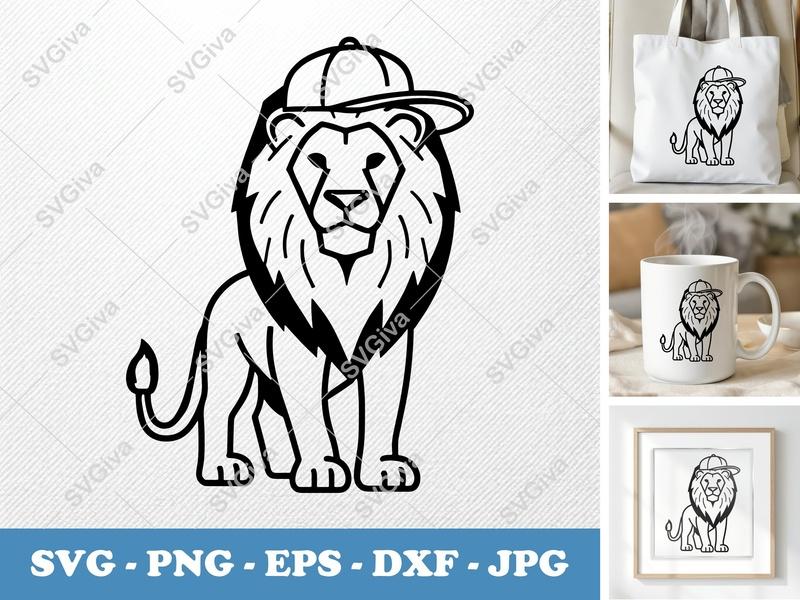 Lion in a Cap SVG | Double-Outline, Thick Contour, Basic Shapes | PNG DXF EPS | Cricut Silhouette | Animal Cut File
