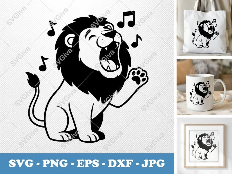 Lion Roaring SVG, Singing Musical Notes PNG, EPS, DXF | Modern Jungle Animal Cut File for Cricut, Silhouette, Safari Clipart
