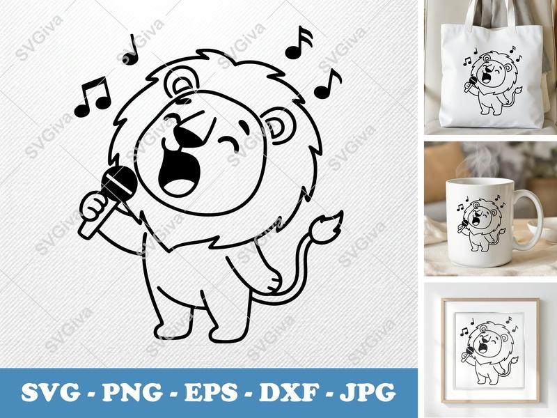 Lion Singing SVG | Friendly Rounded Bean-Shaped Cut File for Cricut, Silhouette | PNG DXF EPS