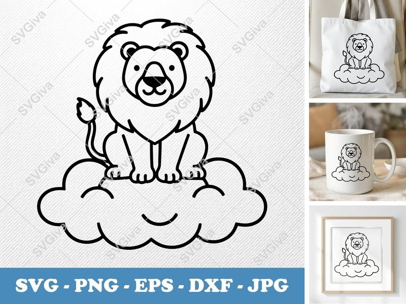 Lion Sitting on Cloud SVG | Friendly Bean-Shaped Lion Design | PNG DXF EPS | Cricut Silhouette File