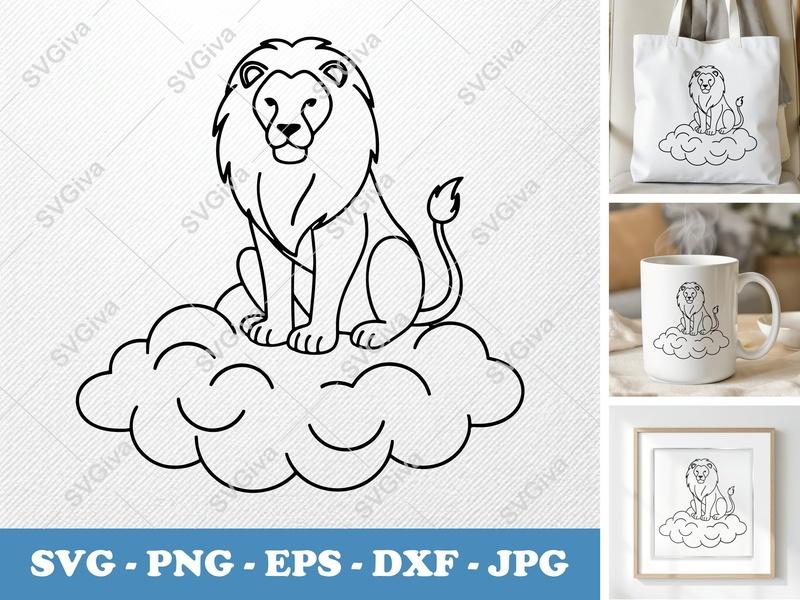 Lion Sitting on Cloud SVG | Minimalist Bold Outline | PNG DXF EPS | Cricut Silhouette Cut File | Simple Character Art