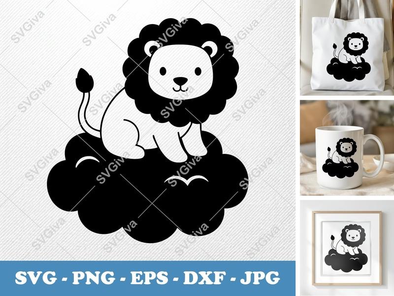 Lion Sitting on Cloud SVG | Puffy Soft Shapes PNG DXF EPS | Cricut Silhouette Cut File