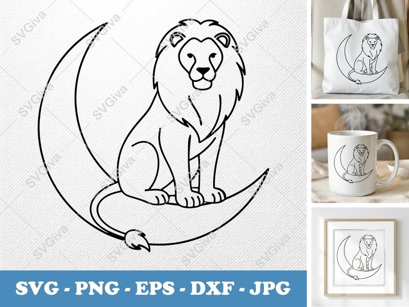 Lion Sitting on Moon SVG | Bold Contour Minimalist Design | PNG DXF EPS | Cricut Silhouette Cut File