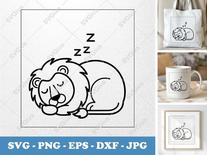 Lion Sleeping SVG | Cute Napping Cub, Modern Safari Animal PNG EPS DXF | Cricut Silhouette Cut File for Nursery Decor