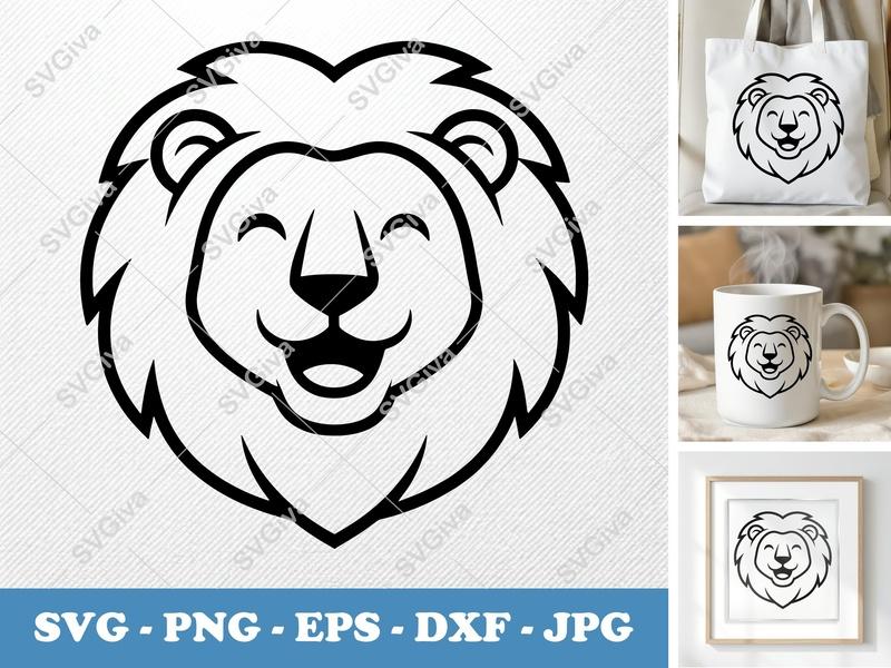 Lion Smiling Happily SVG | Double Outline | Basic Shapes | PNG, DXF, EPS | Cricut & Silhouette Cut File