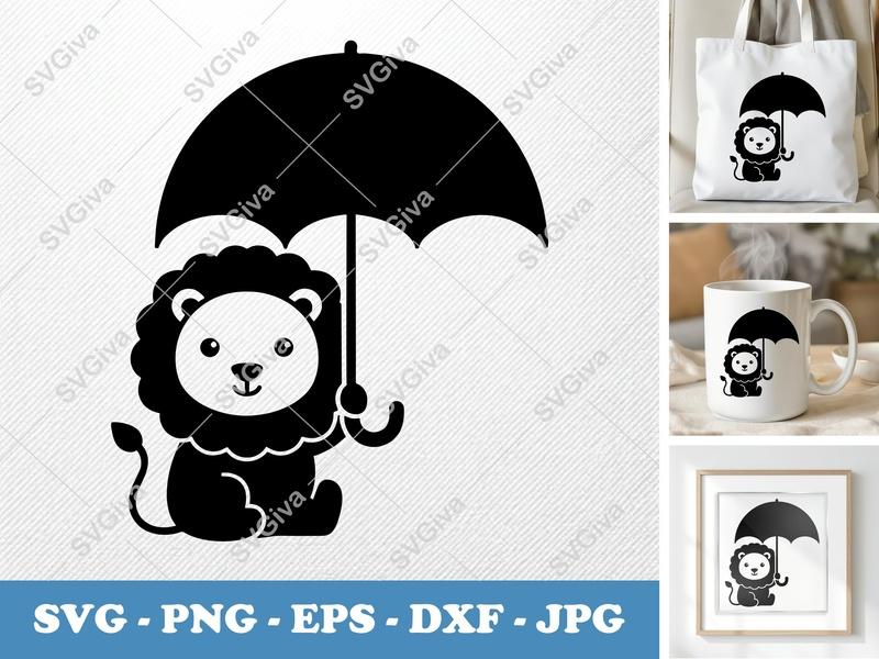 Lion SVG | Cute Baby Lion with Umbrella | PNG EPS DXF | Cricut & Silhouette Cut File | Modern Animal Clipart