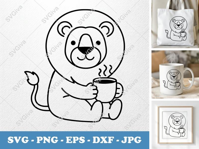 Lion SVG, Cute Coffee Cup Lion Cut File, Modern Animal PNG EPS DXF for Cricut & Silhouette, Digital Design