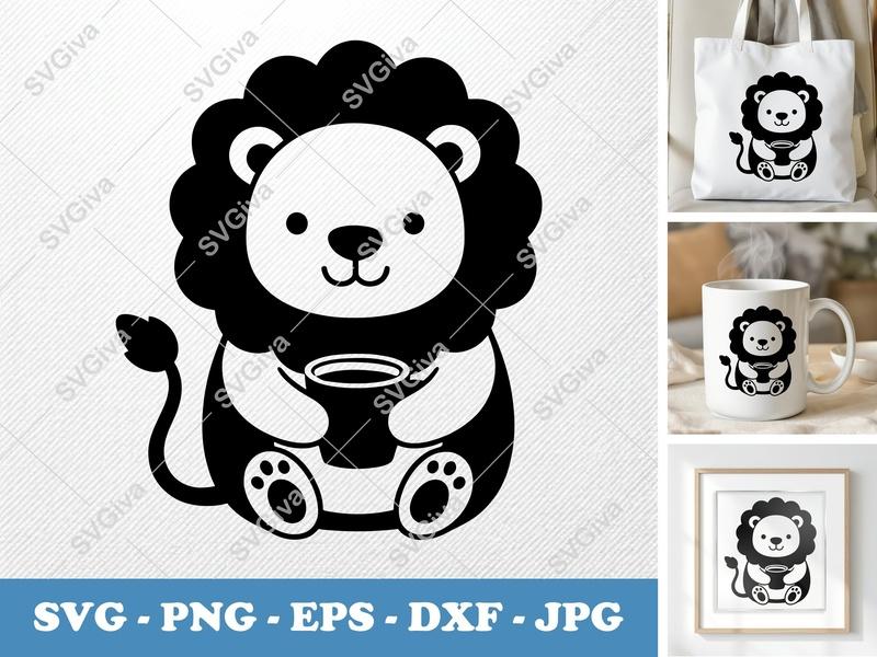 Lion SVG | Cute Coffee Lion Cut File | Modern Design | PNG EPS DXF for Cricut & Silhouette | Animal Clipart | Coffee Lover