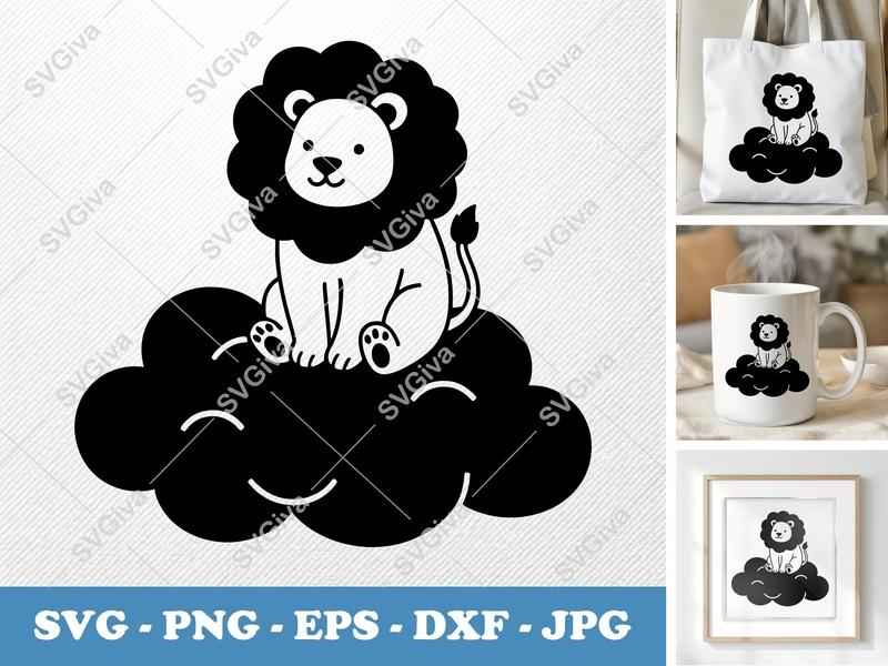 Lion SVG | Cute Lion on Cloud Cut File for Cricut | Kids Nursery Art, Baby Shower | PNG EPS DXF Silhouette Vector