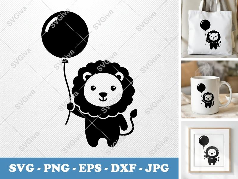 Lion SVG | Cute Lion with Balloon | Animal Cut File for Cricut, Silhouette | PNG, EPS, DXF | Kids Craft Vinyl Decal