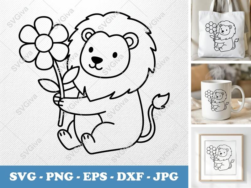 Lion SVG | Cute Lion with Flower | Modern Animal Clipart | PNG EPS DXF for Cricut & Silhouette | Nursery Decor | Digital Download