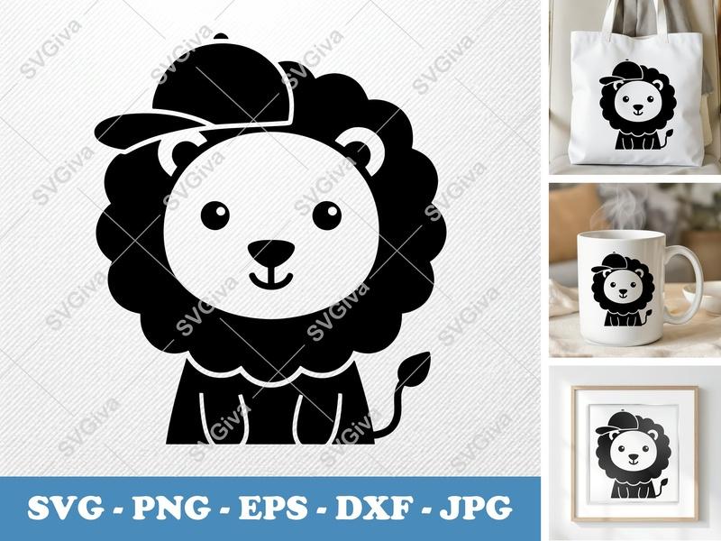 Lion SVG, Cute Lion with Hat, Cartoon Animal Cut File, Kids Craft, Nursery Decor | PNG EPS DXF for Cricut & Silhouette