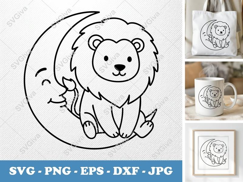 Lion SVG, Cute Moon Design, Baby Animal Clipart, Silhouette Cricut Cut File, PNG EPS DXF Vector Art, Nursery Decor