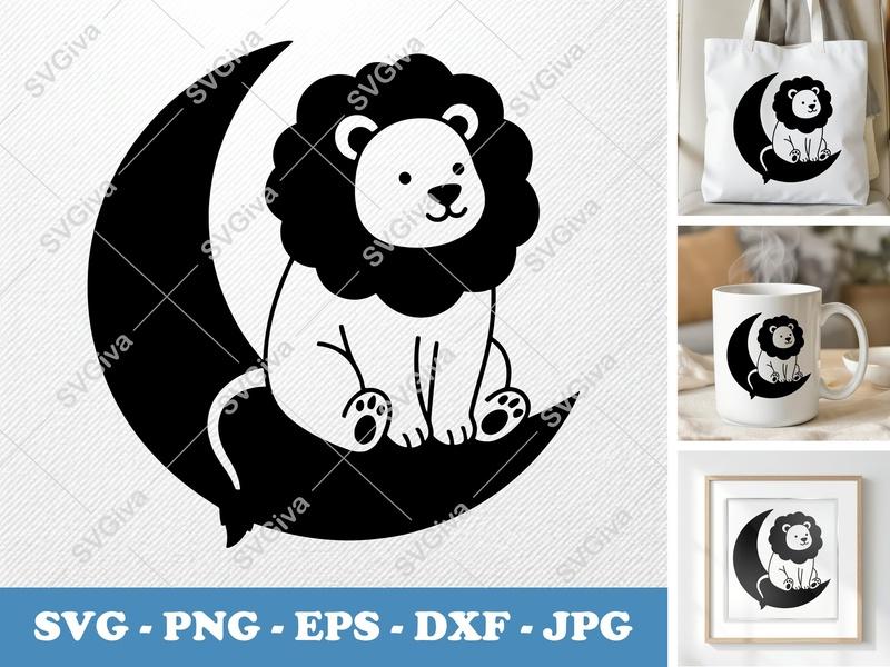 Lion SVG | Cute Moon Lion Cut File | Nursery Decor PNG EPS DXF for Cricut & Silhouette | Baby Lion Clipart