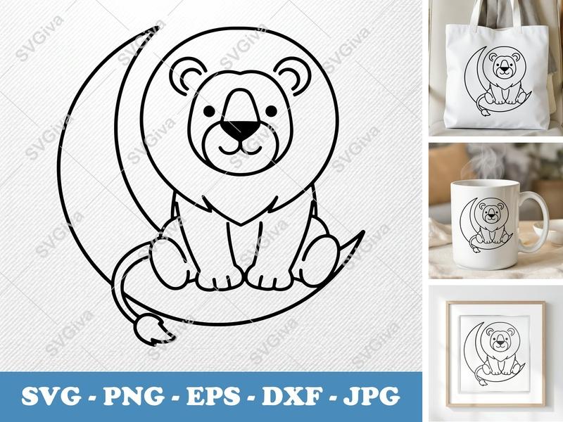 Lion SVG, Cute Moon Outline, Baby Nursery Animal Clipart, PNG EPS DXF | Cricut & Silhouette Cut File, Modern Safari Kid