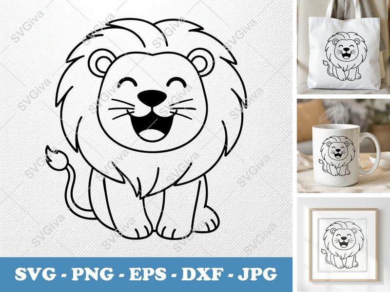 Lion SVG | Cute Roaring Lion Outline, Happy Lion Face | PNG EPS DXF for Cricut, Silhouette | Kids Animal Cut File
