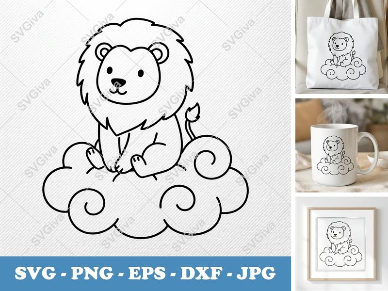Lion SVG, Cute Sitting Lion on Cloud, Kids Nursery Animal | PNG EPS DXF for Cricut & Silhouette, Baby Shower Gift