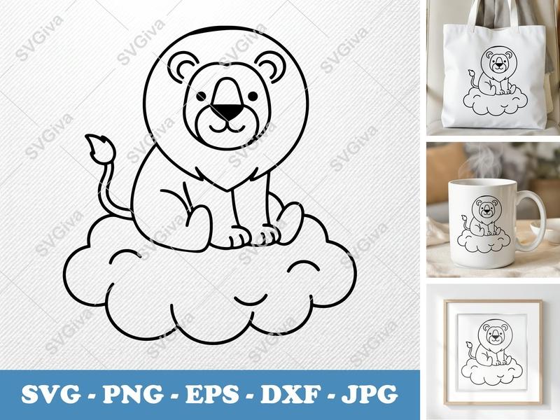 Lion SVG, Cute Sitting Lion on Cloud, Modern Safari Animal Design, PNG EPS DXF for Cricut & Silhouette