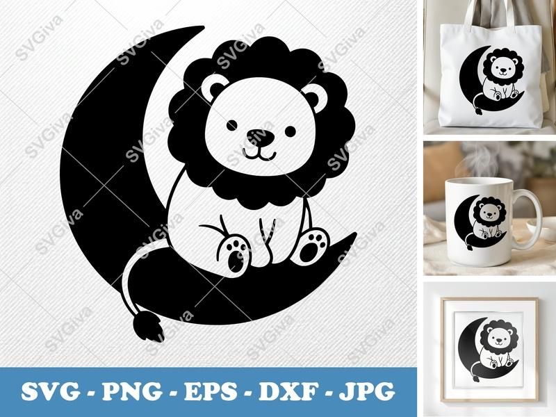 Lion SVG, Cute Sitting on Moon, Nursery Art | PNG EPS DXF | Cricut & Silhouette Cut File, Baby Animal Design