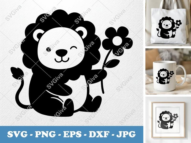 Lion SVG, Cute Winking Lion with Flower | Modern Animal PNG EPS DXF | Cricut Silhouette Cut File, Kids Design