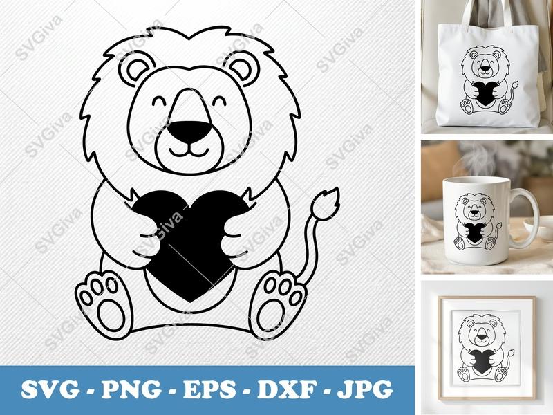 Lion SVG, Friendly Rounded Body Bean-Shaped Cut File, PNG DXF EPS, Cricut Silhouette