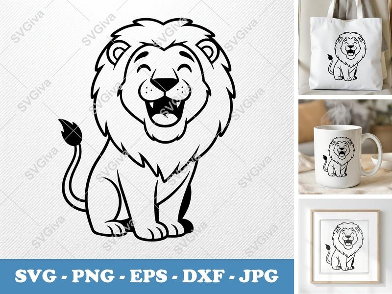 Lion SVG | Happy Cartoon Character, Modern Clean Design | PNG EPS DXF for Cricut, Silhouette | Animal Cut File