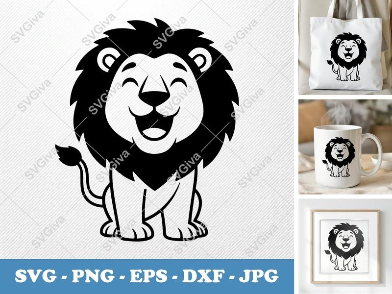 Lion SVG | Happy Cute Cartoon | Roaring King Jungle Animal | PNG EPS DXF for Cricut & Silhouette