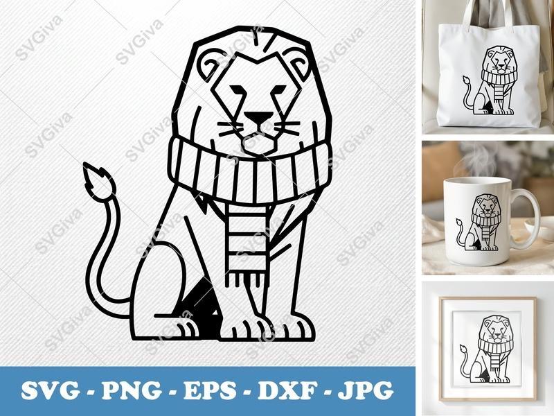 Lion SVG, Modern Clean Design, Scarf, Sitting Pose | PNG EPS DXF for Cricut & Silhouette, Digital Cut File, Animal Clipart