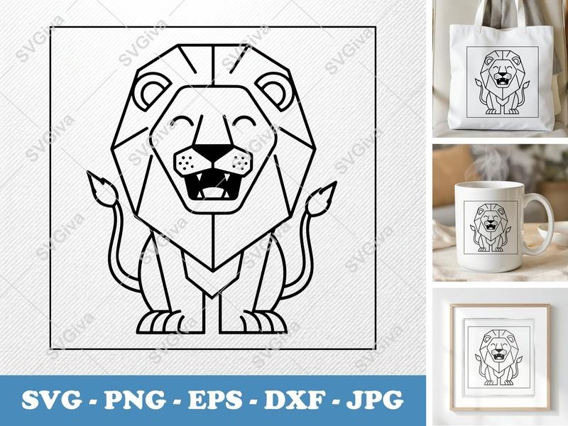 Lion SVG | Modern Geometric Line Art Lion Cut File | Roaring Lion PNG EPS DXF for Cricut & Silhouette, Animal Clipart