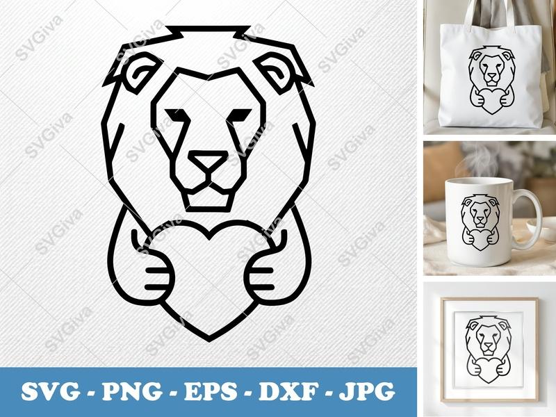 Lion SVG, Modern Geometric Lion with Heart, Digital Download, PNG EPS DXF for Cricut & Silhouette, Love Animal Cut File