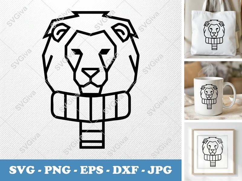 Lion SVG | Modern Geometric Outline | Scarf Animal Clip Art | PNG EPS DXF for Cricut & Silhouette