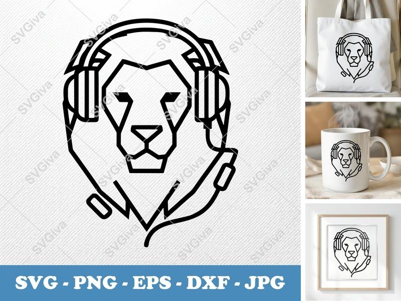 Lion SVG | Modern Headphone Design, Geometric King | PNG EPS DXF for Cricut & Silhouette | Music Animal Cut File