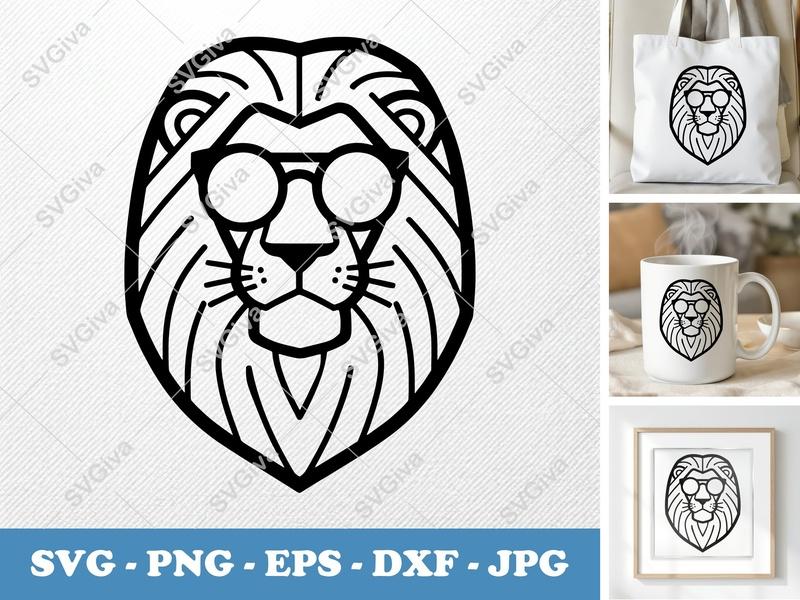 Lion SVG, Modern Lion with Glasses Cut File, Hipster Lion Design, PNG EPS DXF for Cricut, Silhouette, Vector Clipart