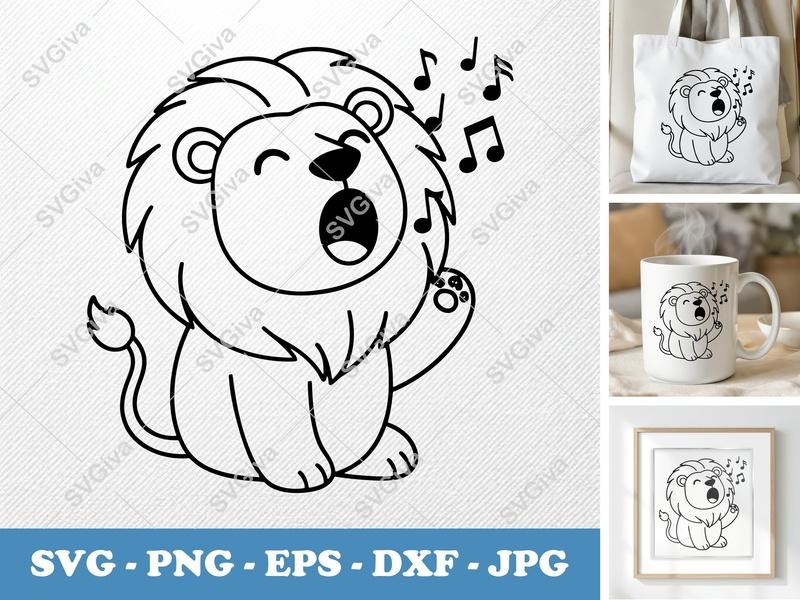Lion SVG, Singing Lion with Music Notes, Cute Animal Clipart | PNG EPS DXF | Cricut & Silhouette Cut File